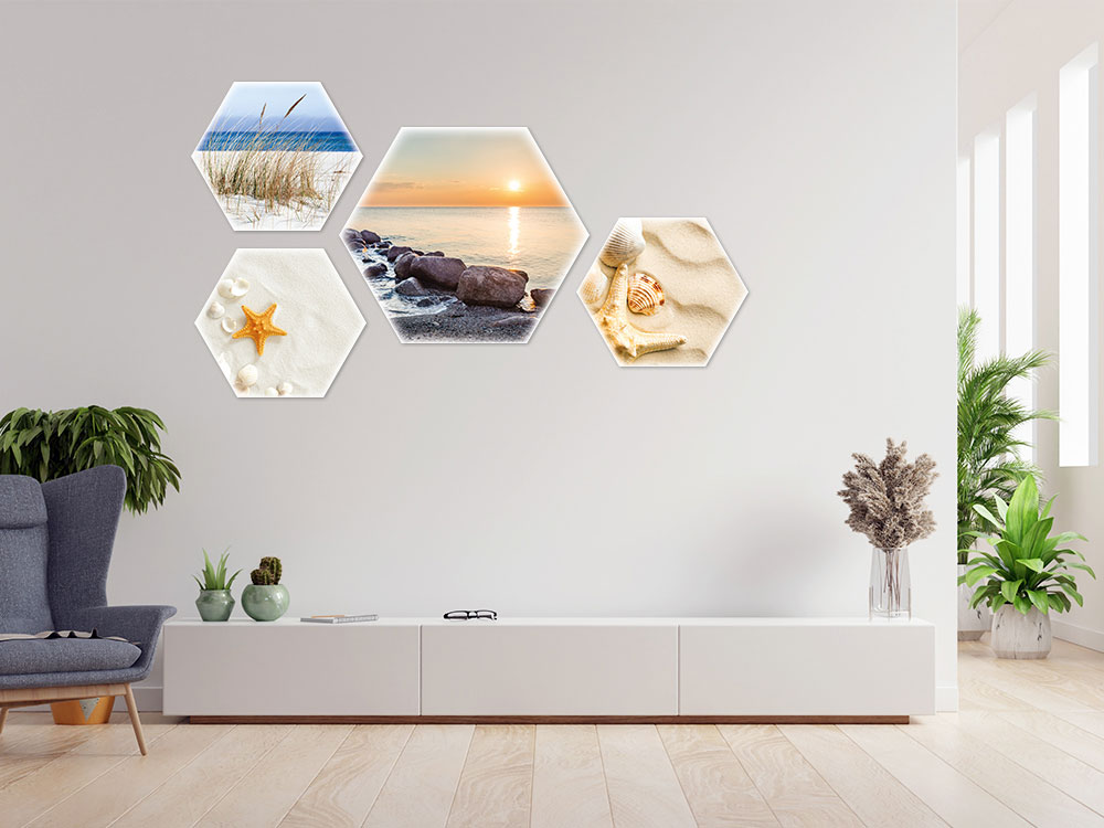 Hexagon Windbilder. Wanddekoration mit Strandmotiven, Hexagenbild Muschel